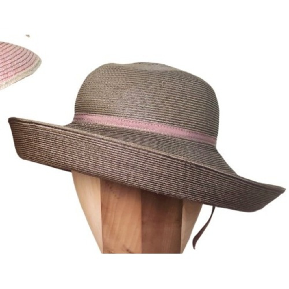 Vintage Eric Javits Squishee Packable Straw Hat Brown Pink Bow